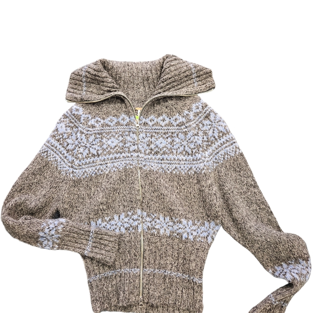 Free People Brown and Cream Zip-Up Nordic Sweater